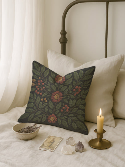 A 17x18 inch woven tapestry pillow featuring a dark green background with embroidered rowan leaves, berries, and rust-toned flowers. The pillow is double-sided, filled with plush poly fill, and sewn shut for a seamless, soft finish. Made from 58% cotton and 42% polyester yarns, this decorative cushion adds a cozy, mystical charm to any cottagecore, gothic, or forest-inspired home.